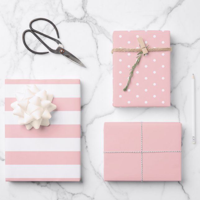 Blush Pink Polka Dot Wide Striped and Solid  Wrapping Paper Sheet (Front)