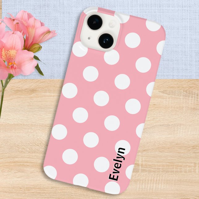 Blush Pink Polka Dots White Dotted Patterned Case-Mate iPhone Case (A pretty personalized phone case, in blush pink with white polka dots pattern)