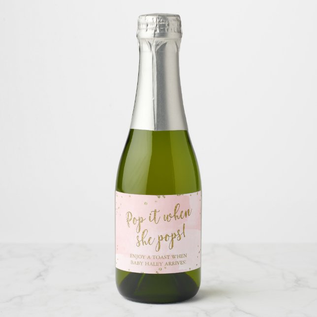 Blush Pink Pop It When She Pops Girl Baby Shower Sparkling Wine Label (Front)