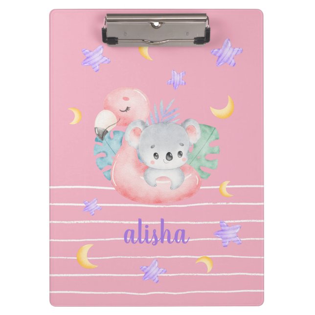 Blush Pink Pretty Koala Gift for Kids Custom Name Clipboard (Front)