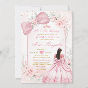 Blush Pink Princess Dress Bow Floral Quinceañera Invitation