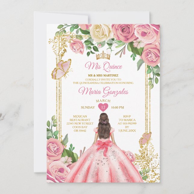 Blush Pink Princess Quinceañera Butterfly Floral  Invitation (Front)