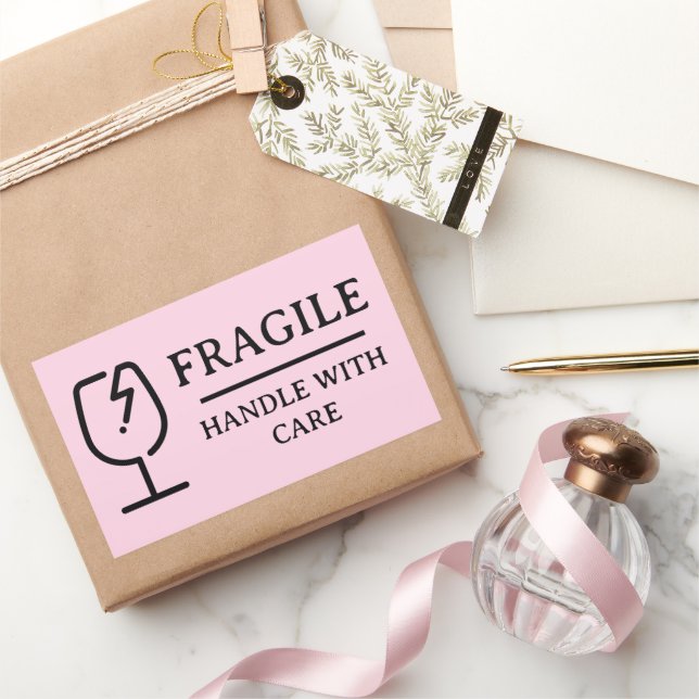 Blush Pink Professional Fragile Handle With Care Rectangular Sticker (Gifting)