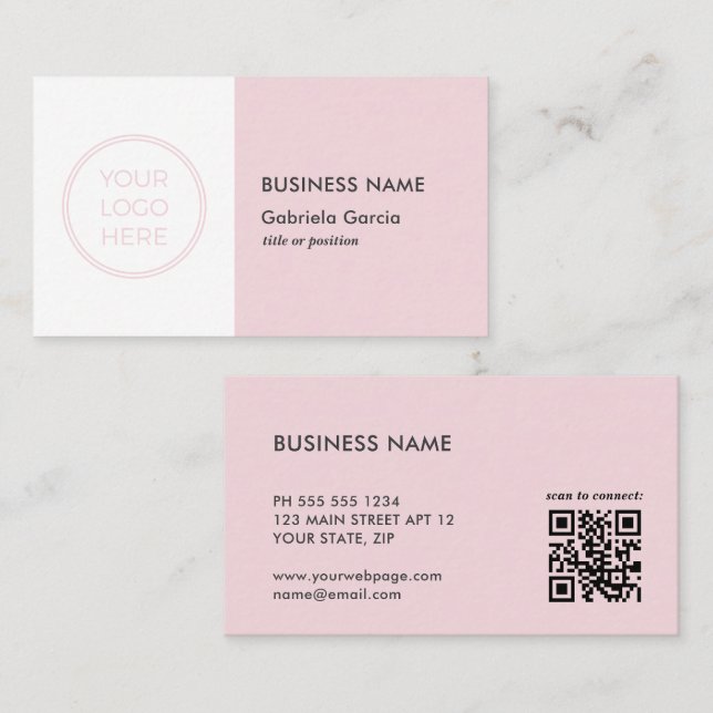 Blush Pink Professional Logo QR Code Business Card (Front/Back)