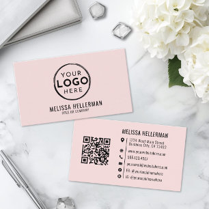 Blush Pink Professional Logo QR Code Business Card