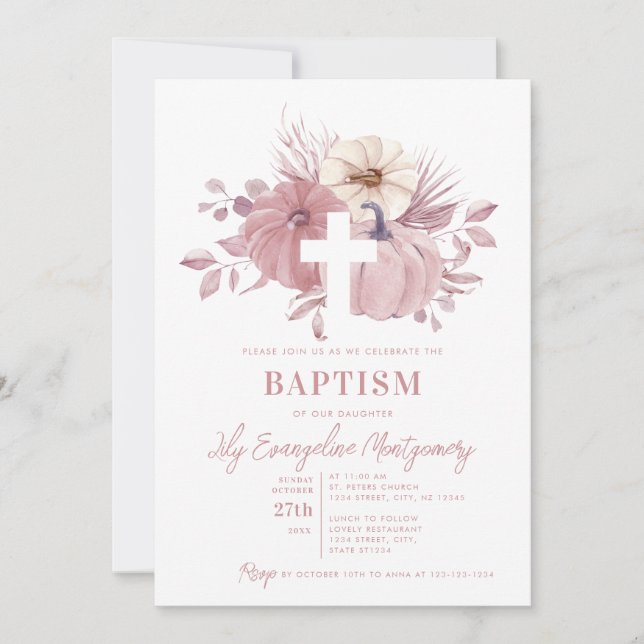 Blush Pink Pumpkin Baptism Cross Invitation (Front)