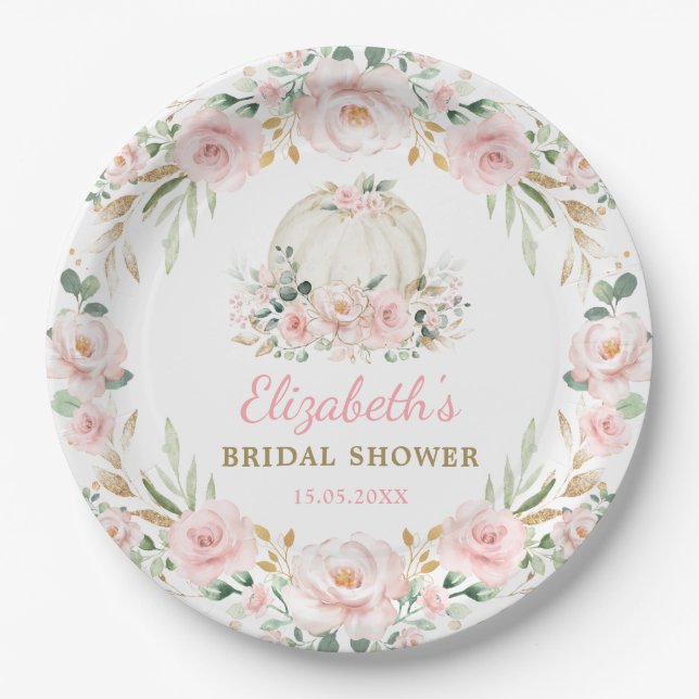 Blush Pink Pumpkin Fall in Love Bridal Shower Paper Plate (Front)