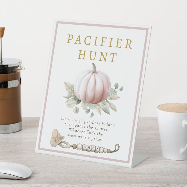 Blush Pink Pumpkin Pacifier Hunt Baby Shower Pedestal Sign (In SItu)