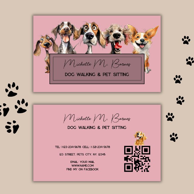 Blush Pink Puppy Dog Walker Sitter QR Code Modern  Business Card (Creator Uploaded)