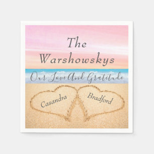 Blush Pink Purple Beach Wedding 2 Hearts in Sand Napkin