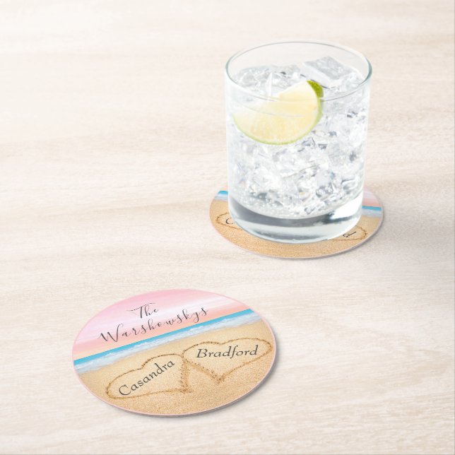 Blush Pink Purple Beach Wedding 2 Hearts in Sand Round Paper Coaster (Insitu)