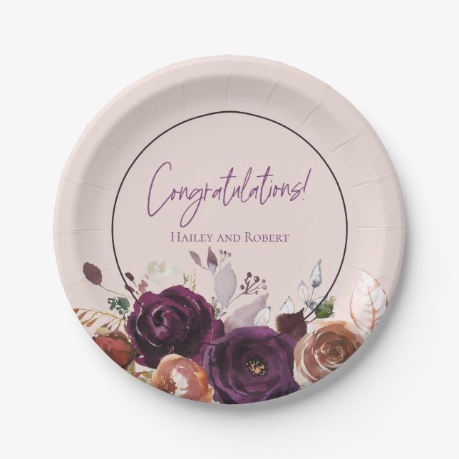 Blush Pink Purple Burgundy Floral Paper Plate (Front)