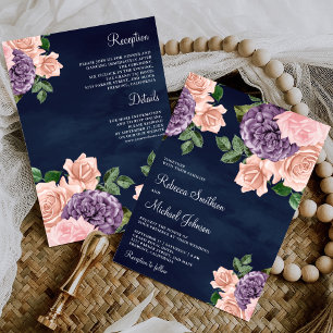 Blush Pink Purple Floral All in One Navy Wedding Invitation