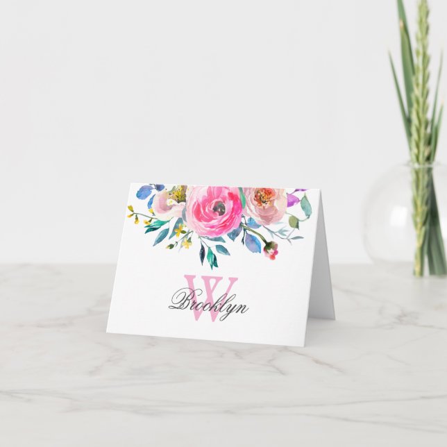 Blush Pink Purple Floral Botanical Monogrammed Thank You Card (Front)