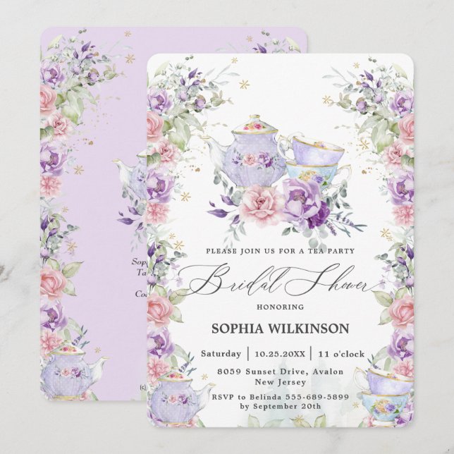Blush Pink Purple Floral Bridal Shower Tea Party Invitation (Front/Back)