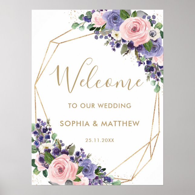 Blush Pink Purple Floral Bridal Wedding Welcome Poster (Front)