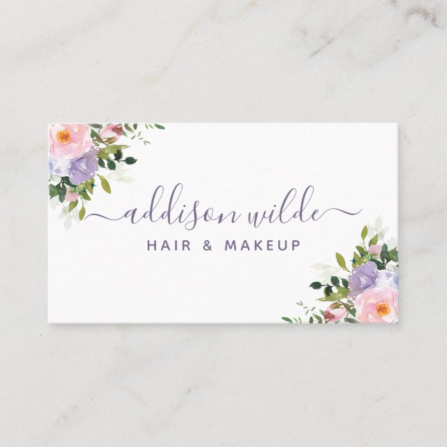 Blush Pink Purple Floral Elegant Watercolor Business Card (Front)