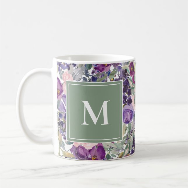 Blush Pink Purple Floral Green Leaves Mug (Left)