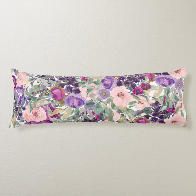Blush Pink Purple Floral Sage Green Leaves Body Cushion (Front)