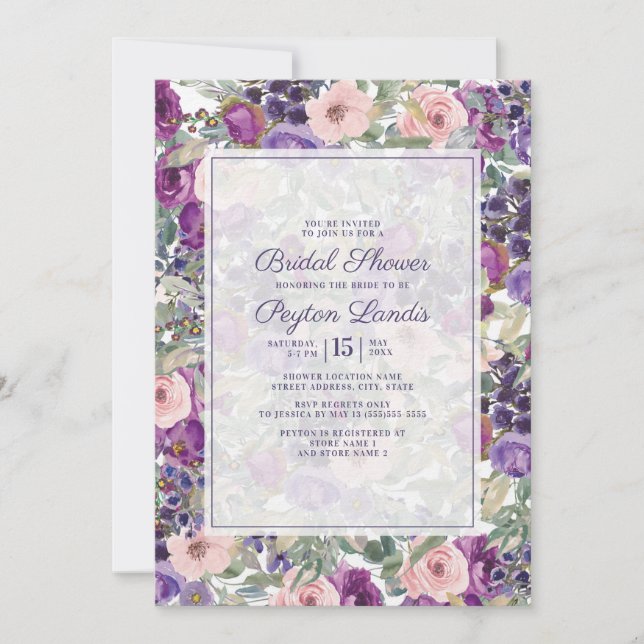 Blush Pink Purple Floral Sage Green Leaves Bridal Invitation (Front)