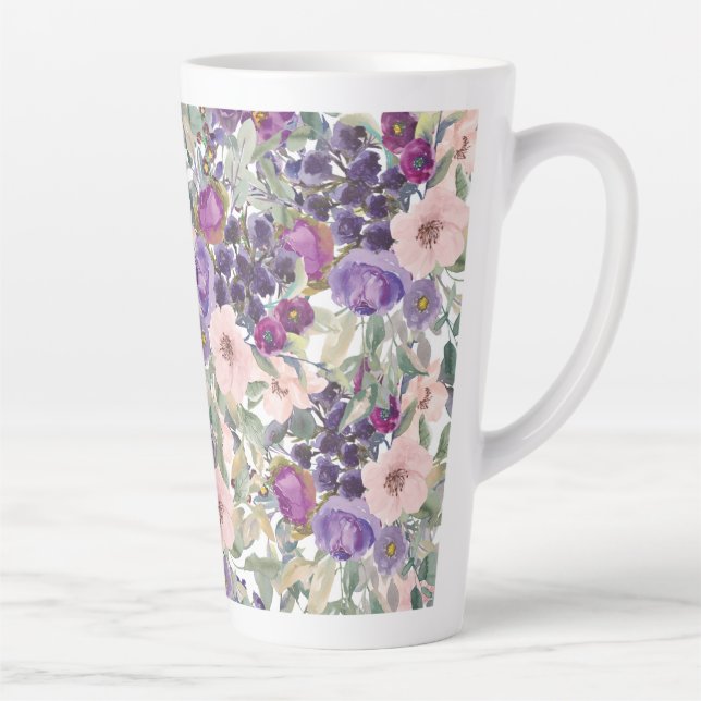 Blush Pink Purple Floral Sage Green Leaves Latte Mug (Right)