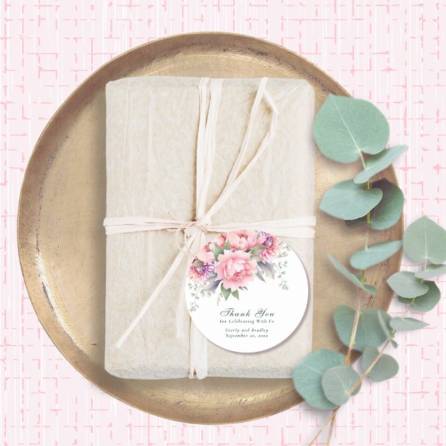 Blush Pink Purple Floral Script Wedding Thank You Classic Round Sticker (Creator Uploaded)