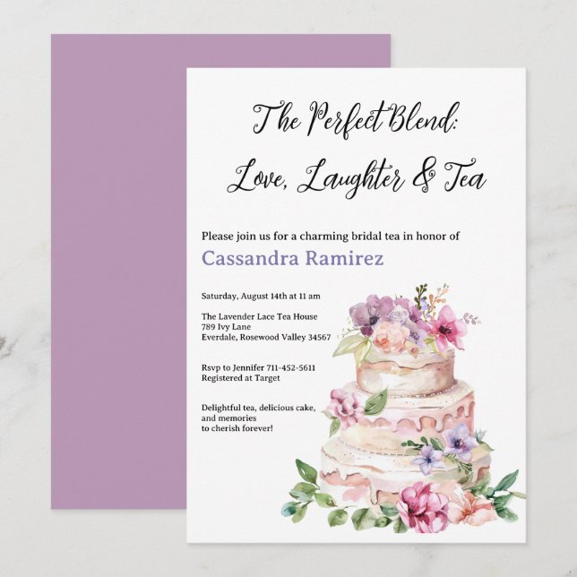 Blush Pink Purple Floral Tiered Cake Bridal Shower Invitation (Front/Back)