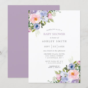 Blush Pink Purple Floral Watercolor Baby Shower Invitation