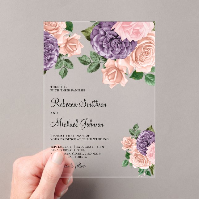 Blush Pink Purple Floral Wedding Acrylic Invitations (Insitu (Handheld))