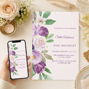 Blush pink purple florals birthday invitation
