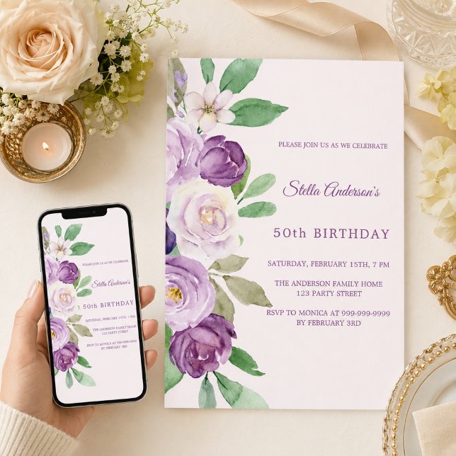 Blush pink purple florals birthday invitation (Creator Uploaded)