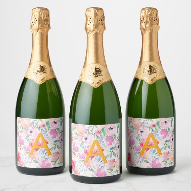 Blush pink purple florals monogram birthday party sparkling wine label (Bottles)