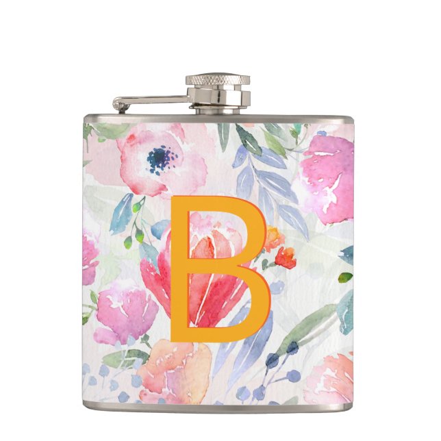 Blush pink purple florals monogram hip flask (Front)