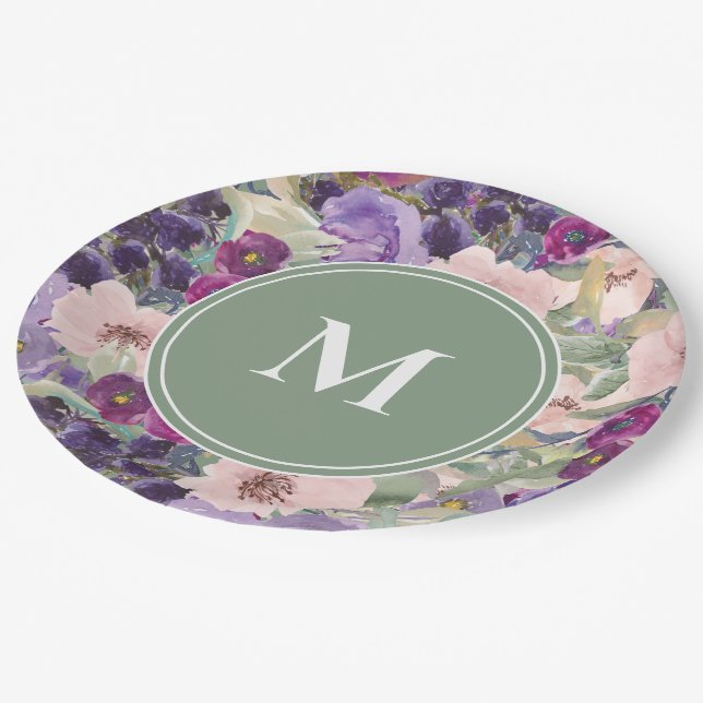 Blush Pink Purple Flowers Sage Green Monogram Paper Plate (Angled)