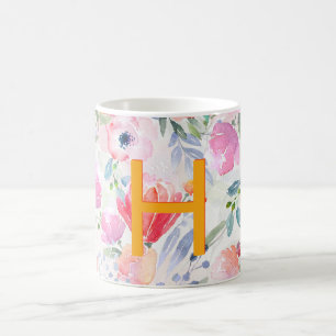 Blush pink purple flowers watercolor monogram coffee mug