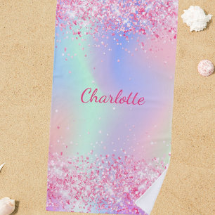 Blush pink purple glitter girl holographic name beach towel