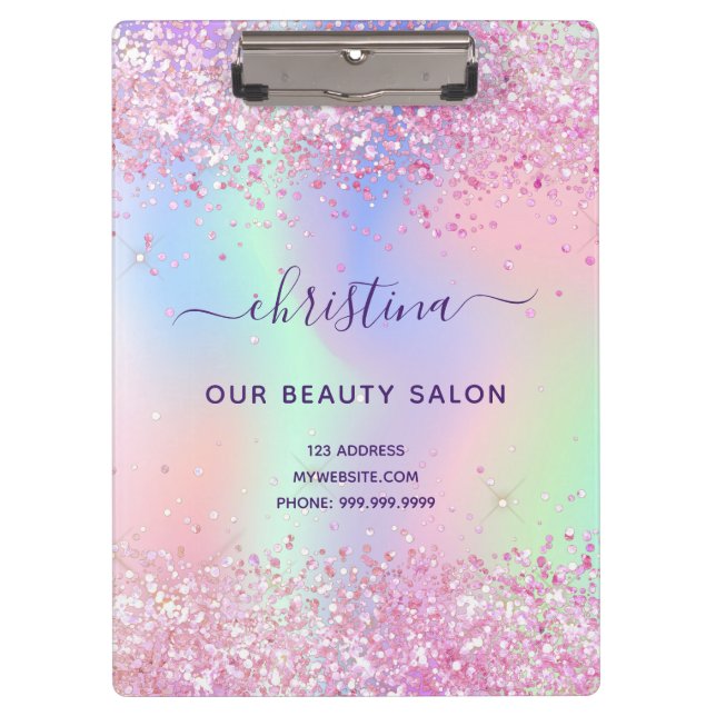 Blush pink purple glitter holographic business clipboard (Front)