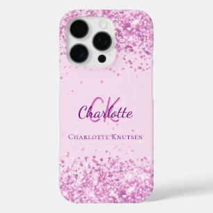 Blush pink purple glitter monogram name iPhone 16 pro case