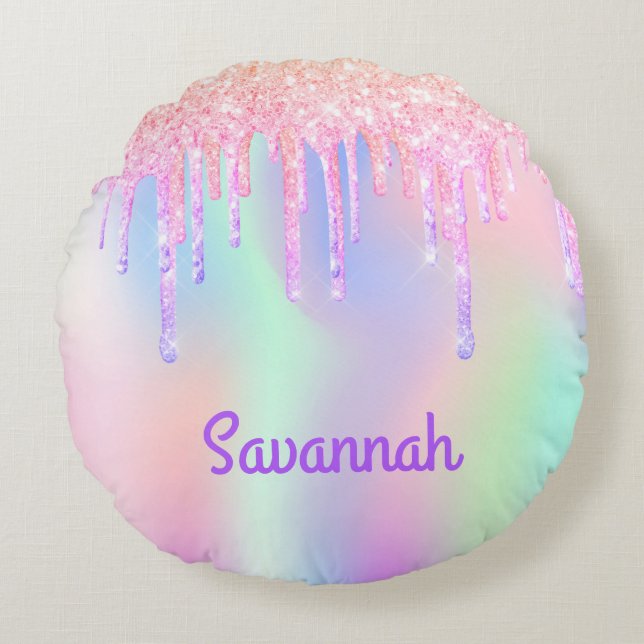 Blush pink purple iridescent name girl round cushion (Front)