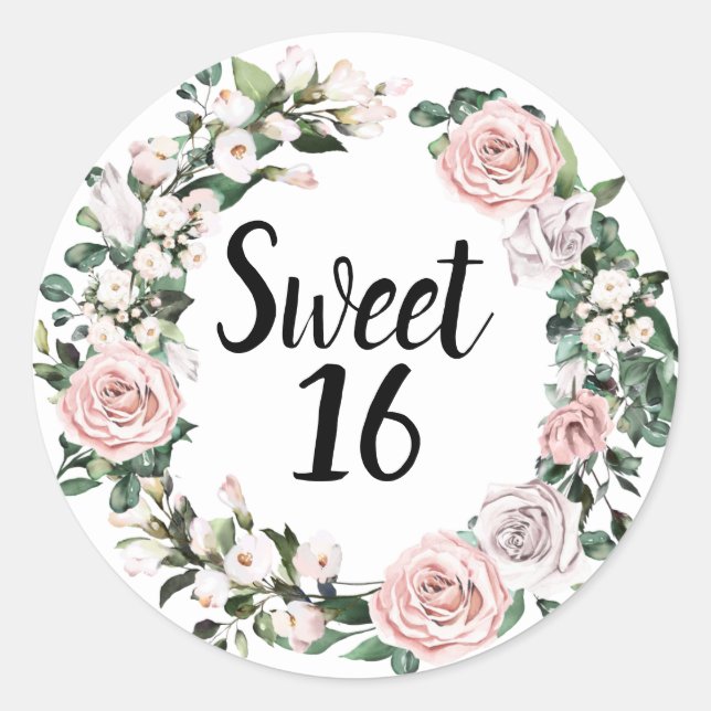 Blush Pink Purple Rose Floral Sweet Sixteen Classic Round Sticker (Front)