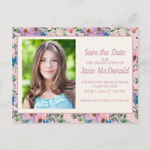 Blush Pink Purple Watercolor Floral Grad Save Date Announcement Postcard