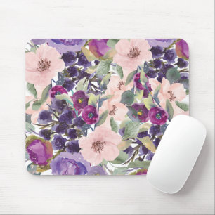 Blush Pink Purple Watercolor Floral Green Leaves Mouse Mat