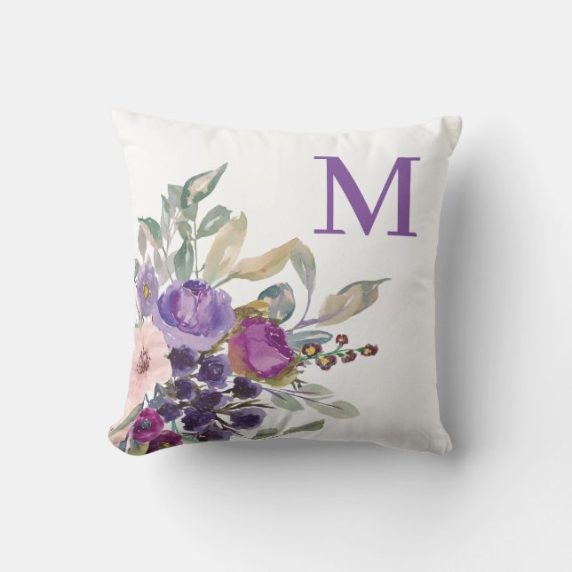 Blush Pink Purple Watercolor Floral Monogram Cushion (Front)