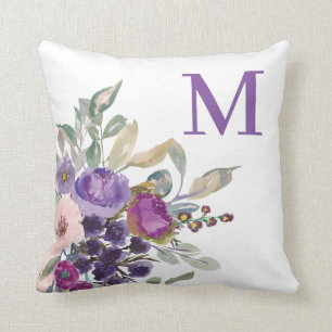 Blush Pink Purple Watercolor Floral Monogram Cushion
