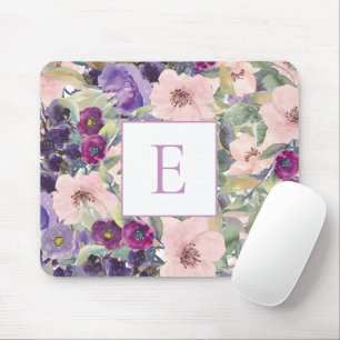 Blush Pink Purple Watercolor Floral Monogram Mouse Mat