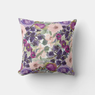 Blush Pink Purple Watercolor Floral Sage Green Cushion