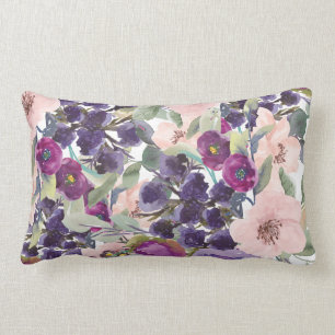 Blush Pink Purple Watercolor Floral Sage Green Lumbar Cushion