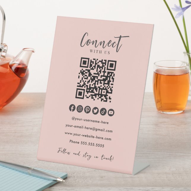 Blush Pink QR Code Connect With Us Social Media Pedestal Sign (In SItu)