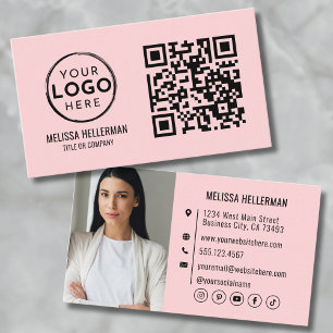 Blush Pink QR Code Modern Professional Photo Logo Business Card