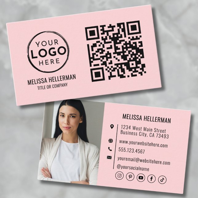 Blush Pink QR Code Modern Professional Photo Logo Business Card (Blush Pink QR Code Modern Professional Photo Logo Business Card)